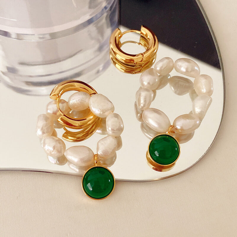 Gold earrings, vintage glazed green earrings, natural pearl earrings