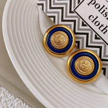 Load image into Gallery viewer, European and American Vintage Metal buttons blue badges Earrings
