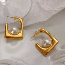 Load image into Gallery viewer, Geometric gold square pearl earrings, simple and fashionable
