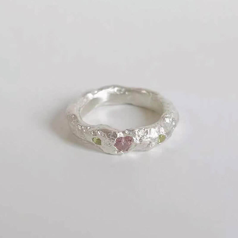 S925 sterling silver irregular texture ring women's ins sweet warm pink zircon closed index finger ring J0282L