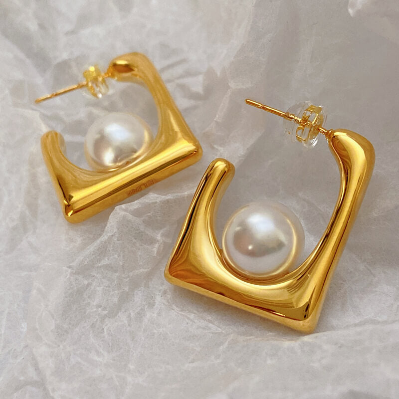 Geometric gold square pearl earrings, simple and fashionable