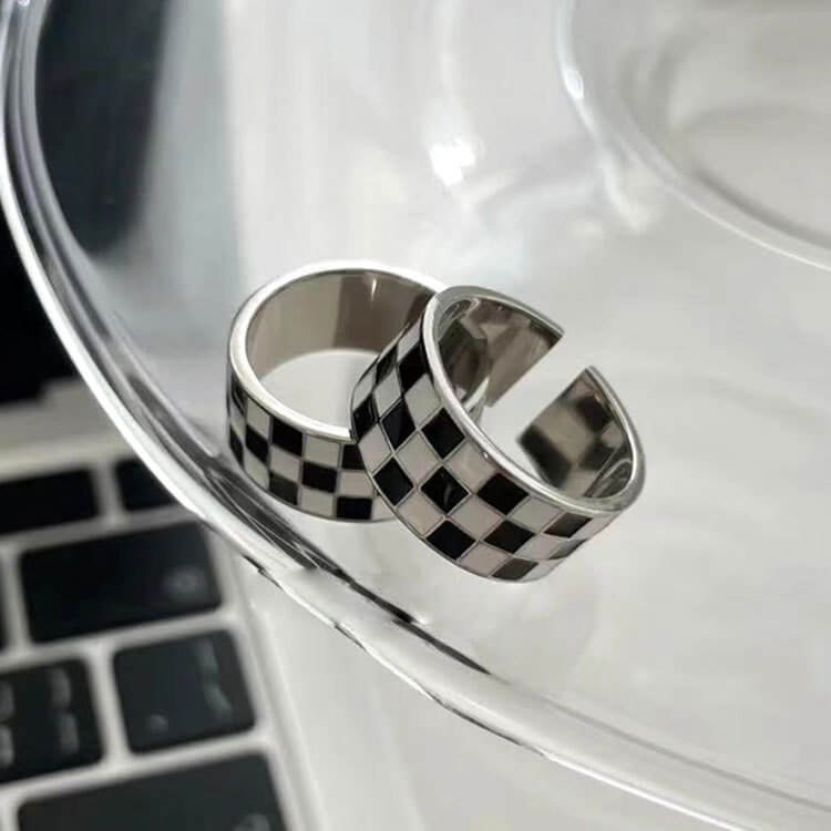 Black and white checkerboard ring s925 sterling silver niche design simple fashion personality drip oil premium single ring 5234L