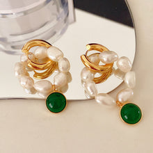 Load image into Gallery viewer, Gold earrings, vintage glazed green earrings, natural pearl earrings
