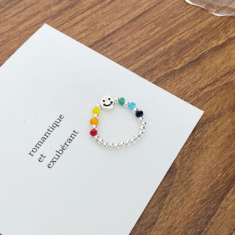 Rainbow Ring s925 Sterling Silver Korea Order New Product Synchronous Handmade Smiley Face Silver Bead Ring 5050