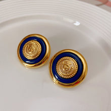 Load image into Gallery viewer, European and American Vintage Metal buttons blue badges Earrings
